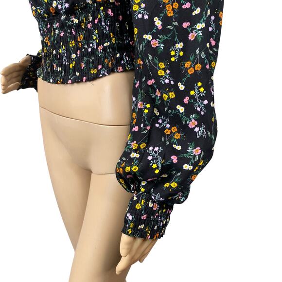 Revolve AFRM Soph Black Ditsy Floral Smocked Peasant Crop Top SZ S - Picture 5 of 14